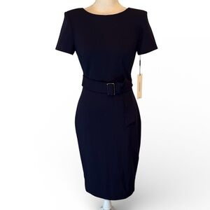Calvin Klein navy blue short sleeve belted scuba midi dress